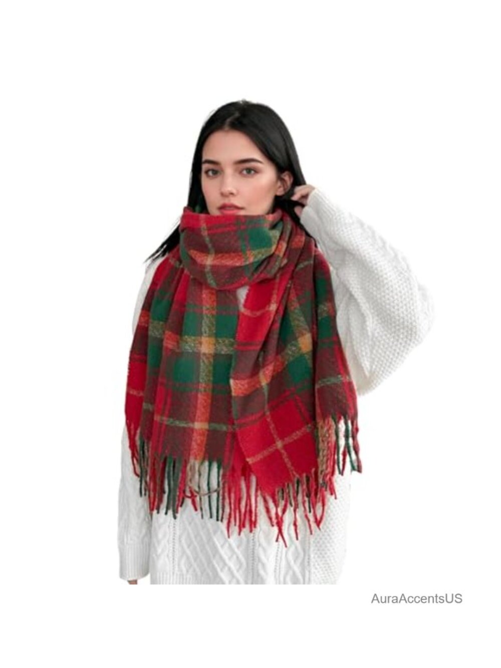 Cozy Cashmere-Like Acrylic Plaid Blanket Scarf with Tassels, Oversized Wrap